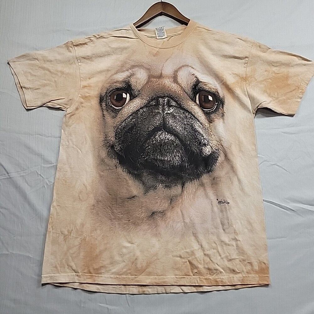 The Mountain Pug Dog Big Print Vintage Nature Beige Tie Dye T-Shirt Size XL
